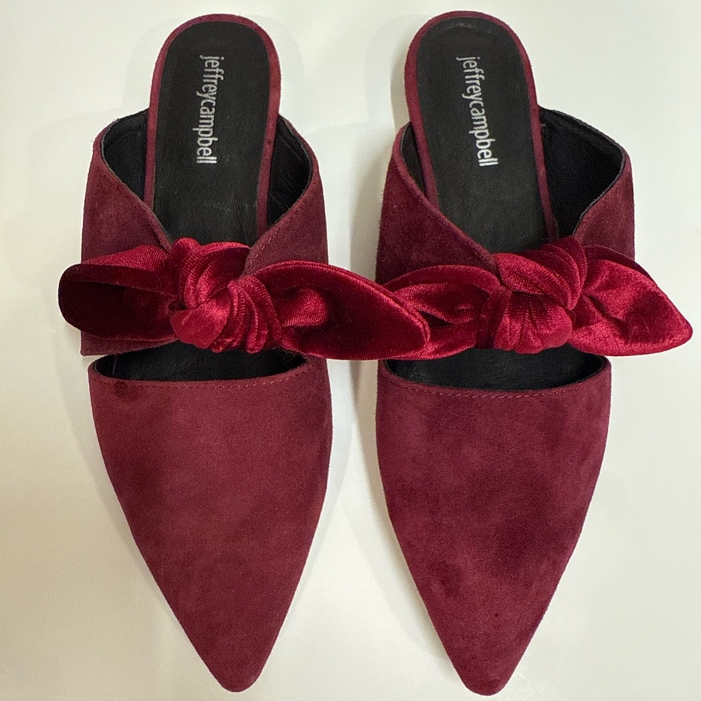 Jeffrey Campbell Charlin Bow Suede Mule Flat Sandals, Burgundy, Size‎ 8.5 - Picture 2 of 6